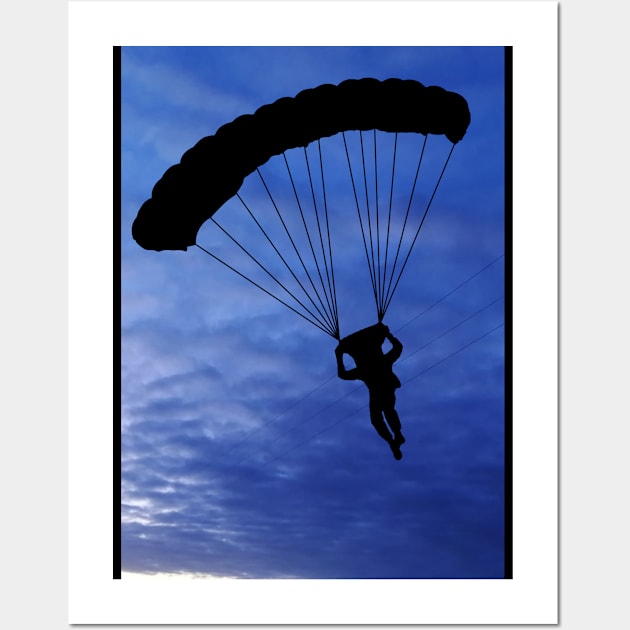 Parachuter Silhouette in Beautiful Blue Sky with a Black Border Wall Art by Blue Butterfly Designs 